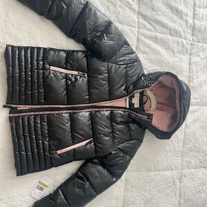 Black Puffer Jacket with Pink Accents
